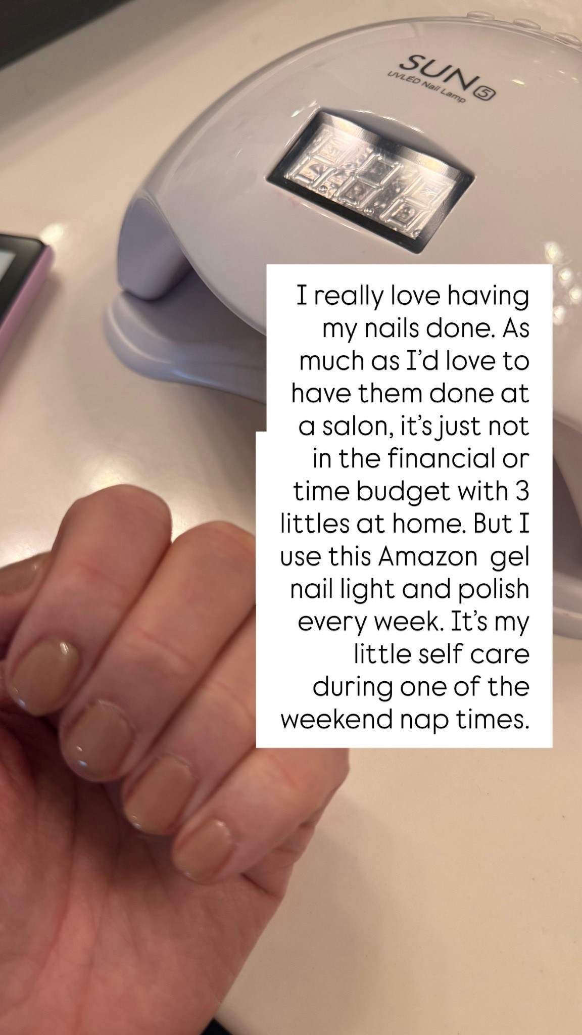 My version of salon nails ✨
With 3 littles at home, both the time and budget for regular nail appointments are slim. But this Amazon gel nail light and polish combo has become my little self-care ritual during weekend nap times 💅🏼

Easy. Affordable. Mom-life approved.

#AmazonFinds #AmazonBeauty #MomLife #SimpleSelfCare #LTKBeauty #HomeManicure #GelNailsAtHome #LinenAndLightCo

#LTKselfcare #LTKBeauty #LTKmomlife
