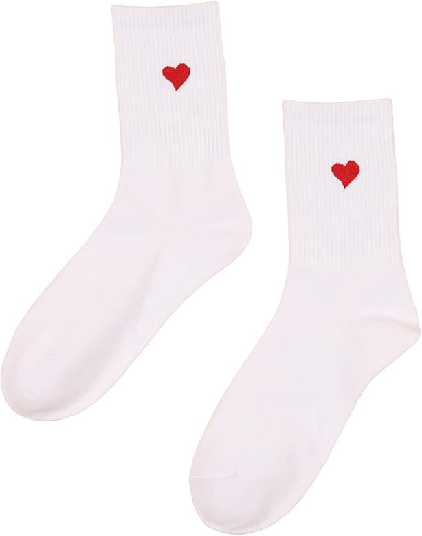 Amazon.com: SHENHE Women's Heart Print Crew Socks Ribbed Knit Mid Calf Dress Socks Black One Size... | Amazon (US)