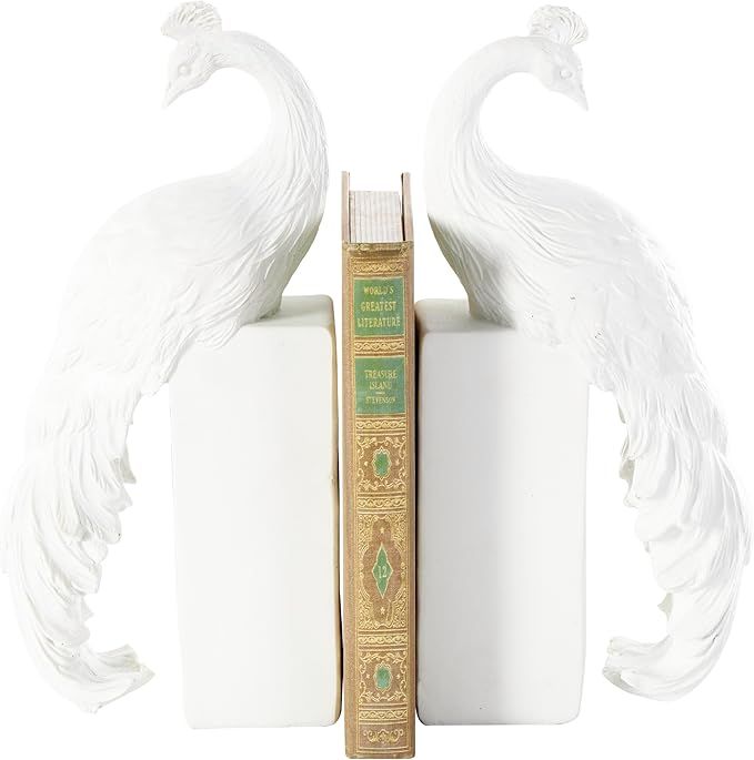 Deco 79 Resin Peacock Bookends Textured with Tall Block Bases, Set of 2 6" W, 12" H, White | Amazon (US)