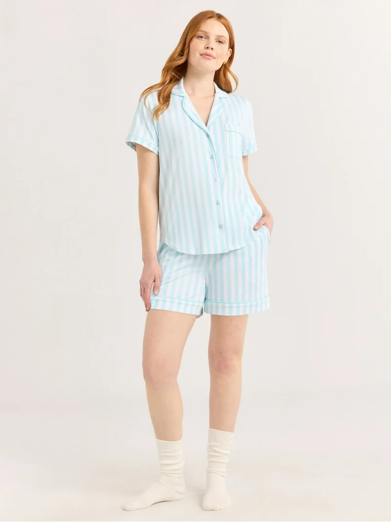 Joyspun Women's Dreamy Soft Collection Notch Collar Top and Shorts Pajama Set, 2-Piece, Sizes XS-... | Walmart (US)