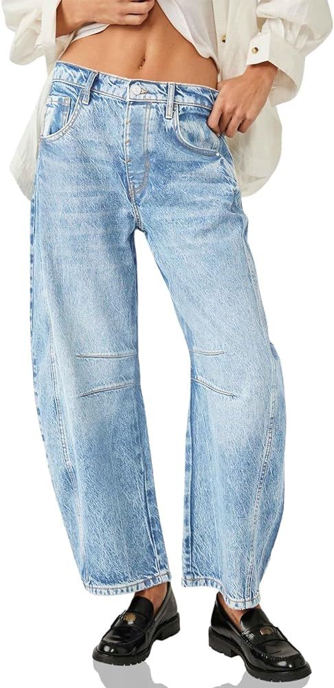 PLNOTME Women's Baggy Boyfriend Jeans Vintage Wide Leg Mid Rise Barrel Denim Ankle Pants | Amazon (US)