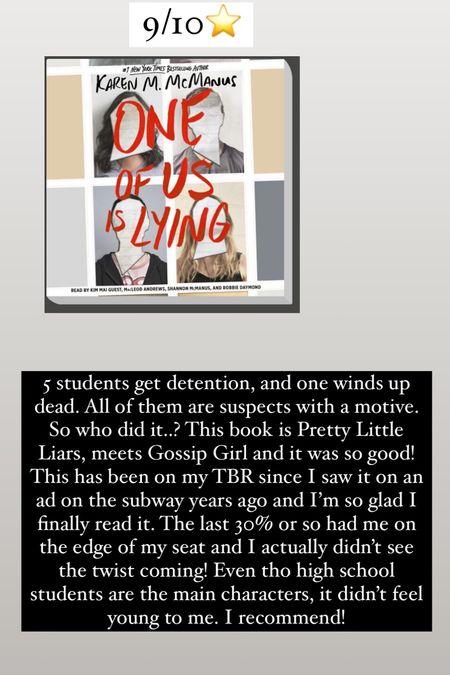 28. One of us is Lying by Karen M McManus :: 9/10⭐️ 5 students get detention, and one winds up dead. All of them are suspects with a motive. So who did it..? This book is Pretty Little Liars, meets Gossip Girl and it was so good! This has been on my TBR since I saw it on an ad on the subway years ago and I’m so glad I finally read it. The last 30% or so had me on the edge of my seat and I actually didn’t see the twist coming! Even tho high school students are the main characters, it didn’t feel young to me. I recommend!


#LTKhome #LTKtravel