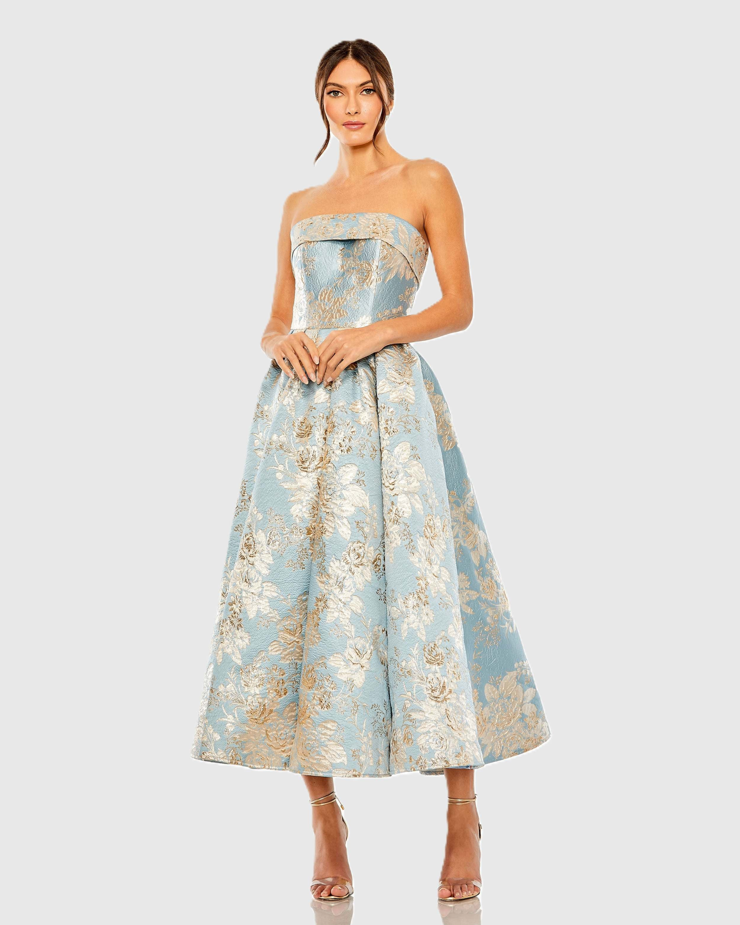 Light Blue Strapless Brocade Midi Dress With Pockets | Mac Duggal | Mac Duggal