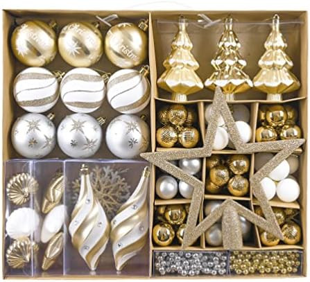 PartyBySam 90ct 30-120mm Christmas Ball Ornaments,Elegant White and Gold Shatterproof Christmas Tree | Amazon (US)