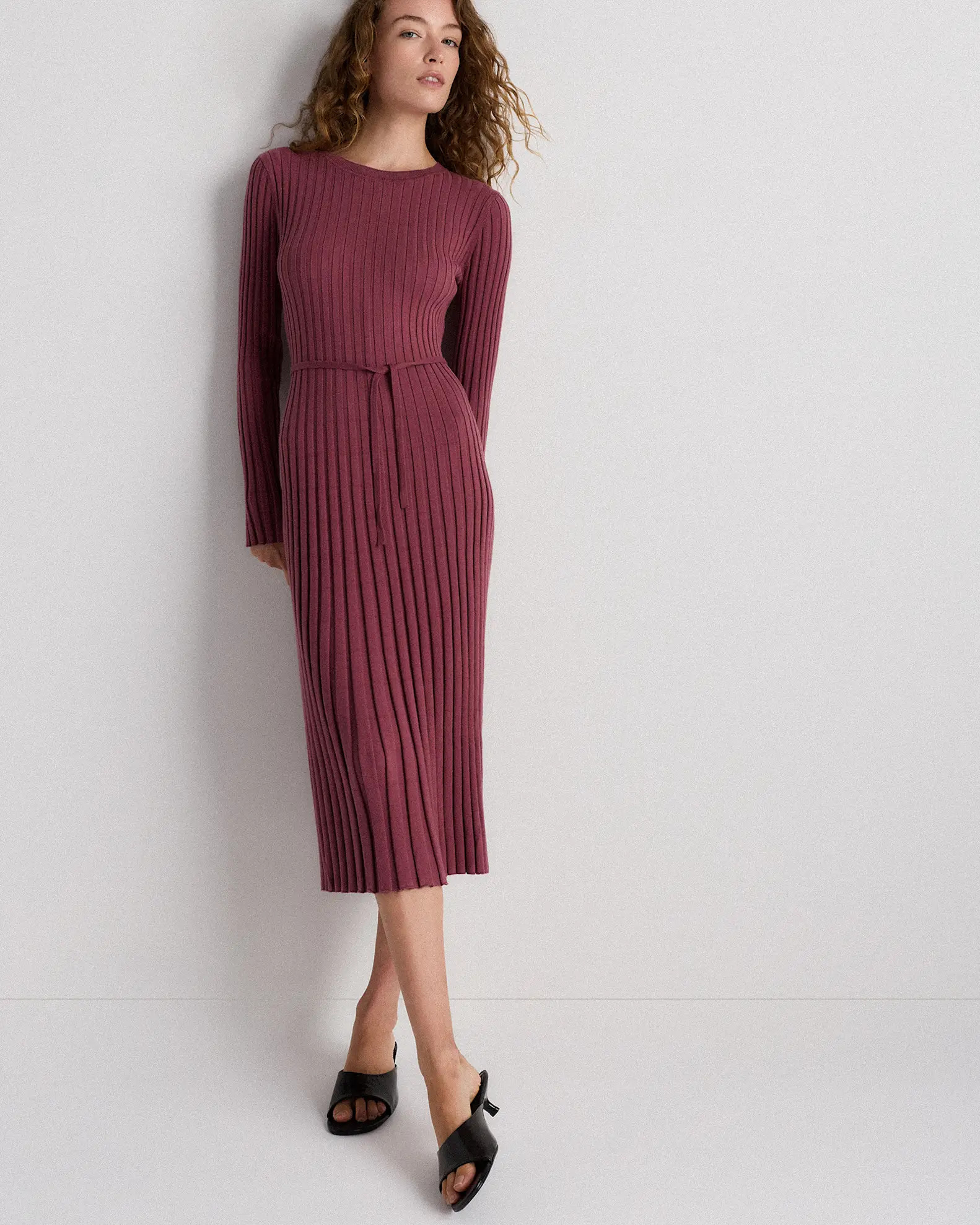 Cotton Cashmere Ribbed Long Sleeve Crew Midi Dress | Quince
