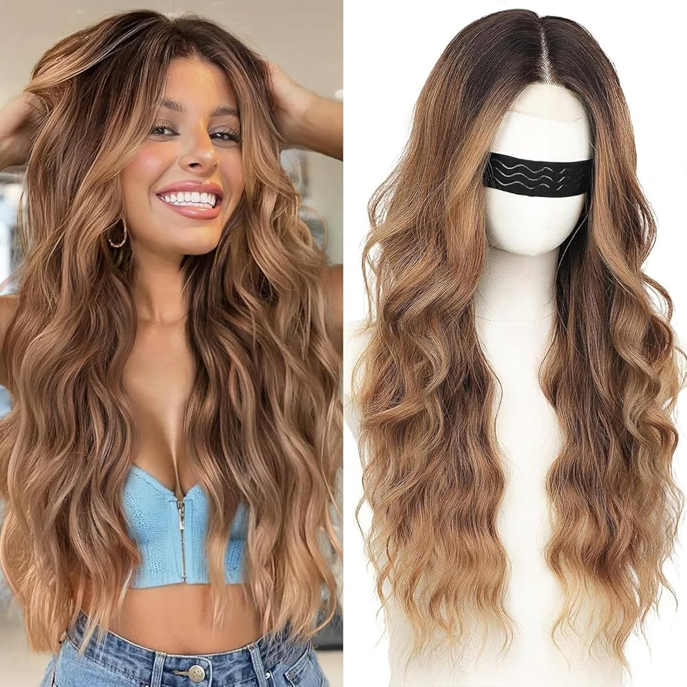 Nnzes Long Brown Mixed Blonde Wavy Wig 4x1 Lace Natural Hairline Middle Part Curly Heat-Resistant... | Amazon (US)