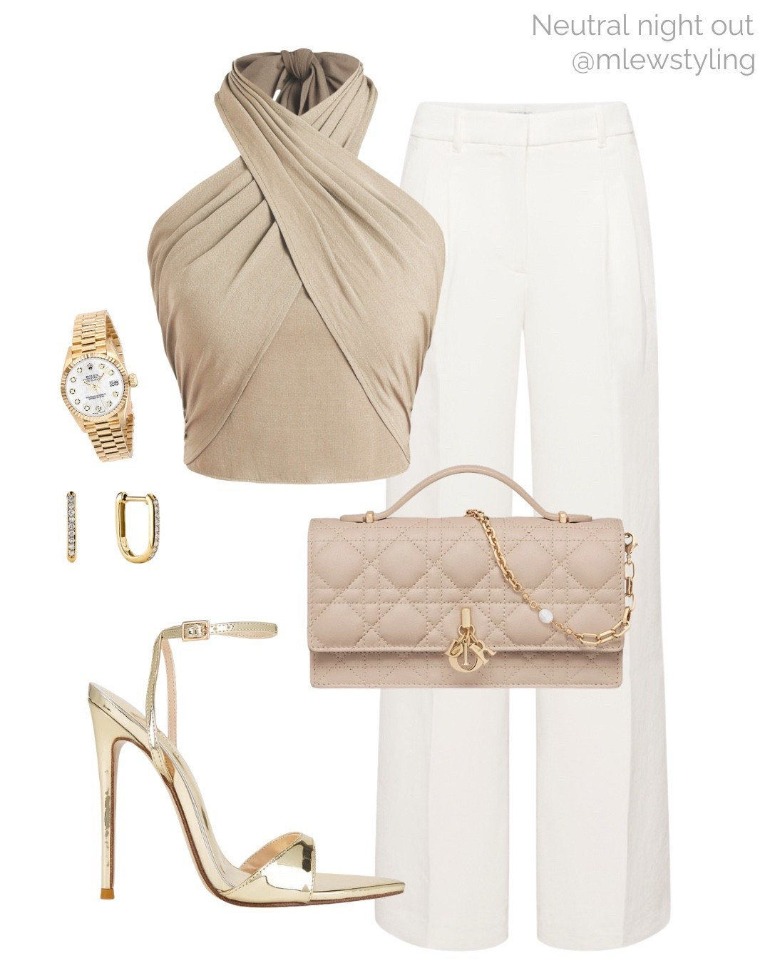 Date night outfit inspo ✨✨

Tags: cider halter top, aritzia tailored pants, white trousers,  whte clutch, femme la gold heels,
Mejuri u earrings, gold watch, neutral aesthetic, party outfit, autumn evening look, drinks with friends, birthday party outfit 

#LTKShoeCrush #LTKStyleTip #LTKItBag