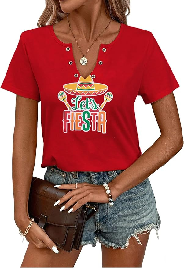 Women's Cinco De Mayo Shirt Mexican Fiesta Graphic Notched Neck Short Sleeve Tops | Amazon (US)
