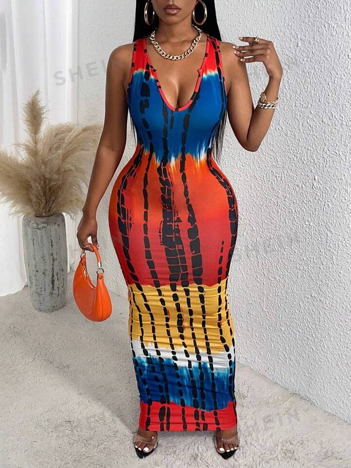 SHEIN Slayr Tie Dye Plunging Neck Tank Dress | SHEIN