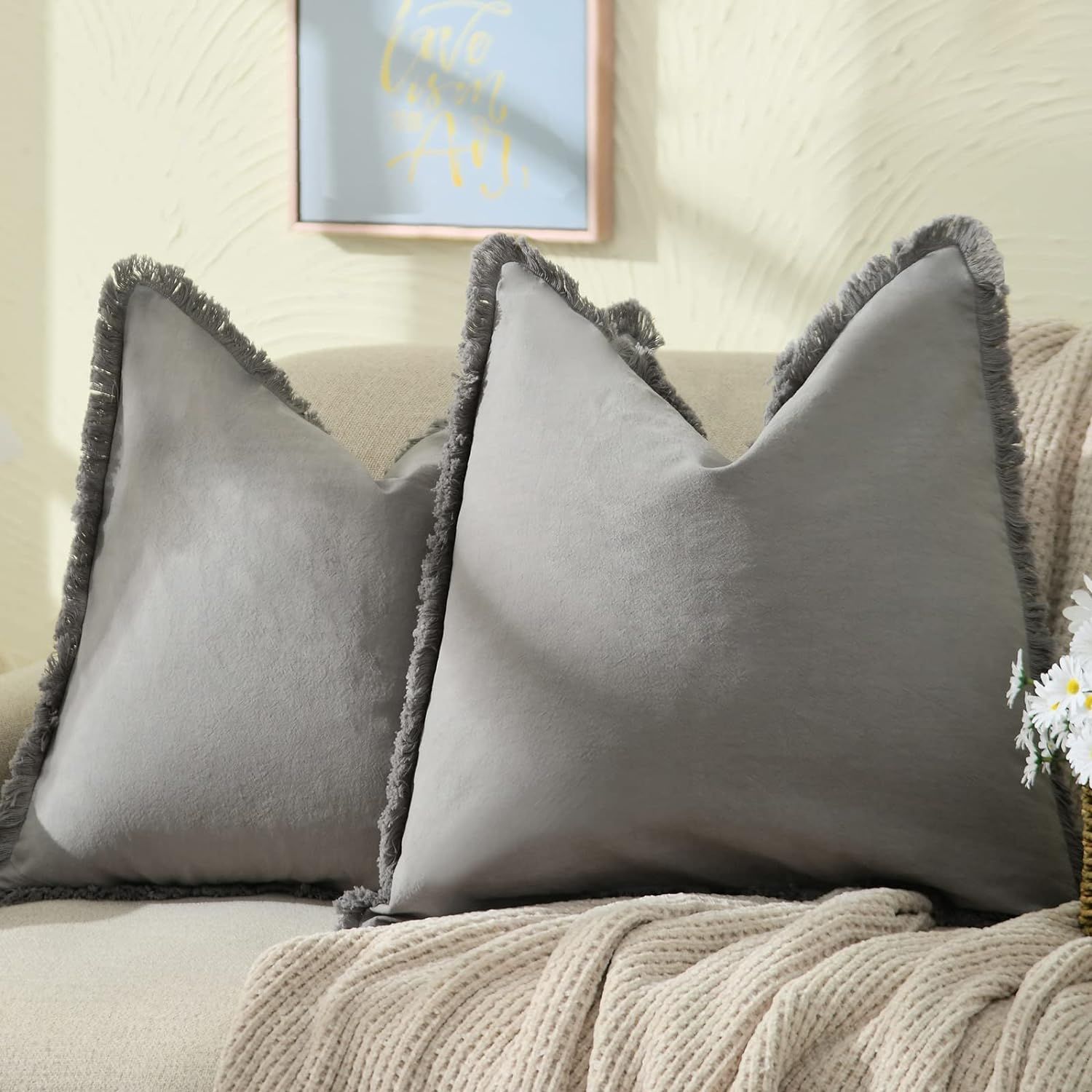 ZWJD Pillow Covers 18x18 Set of 2 Gray Throw Pillow Covers with Fringe Chic Cotton Decorative Pil... | Amazon (US)