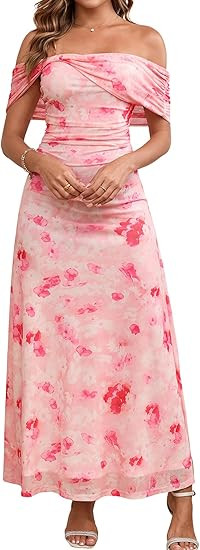 KUTUMAI Women Floral Off Shoulder Maxi Dress Summer Ruched Bodycon Long Formal Wedding Guest Dres... | Amazon (US)