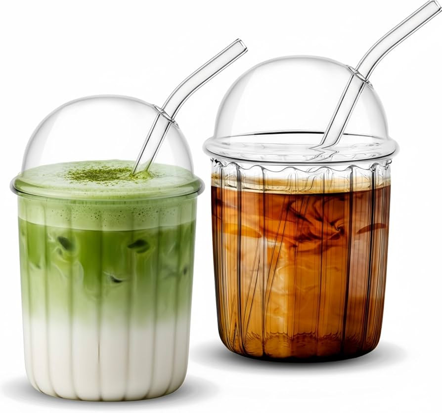 Layhit 2 Pcs Glass Cups with Dome Lid and Straw 15 oz Iced Glass Matcha Cup Aesthetic Coffee Cup ... | Amazon (US)