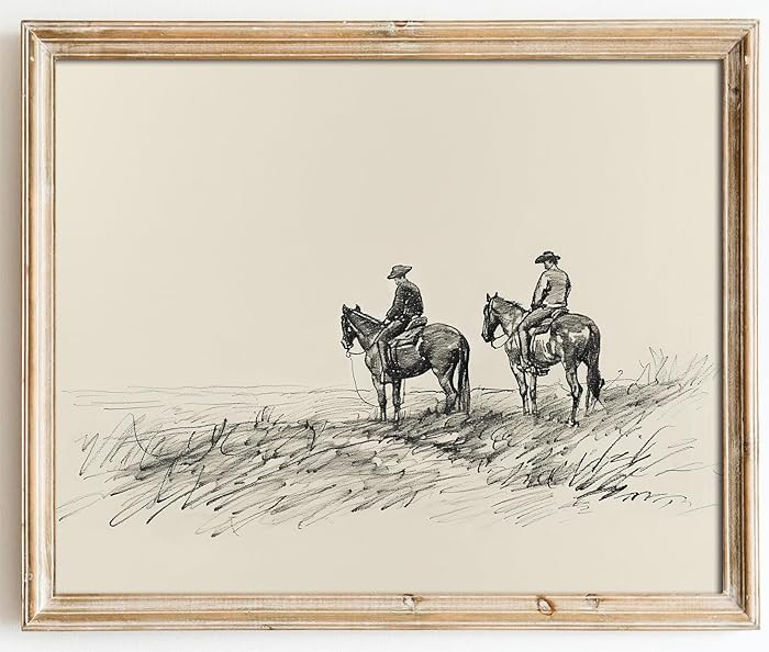 Kizbok Neutral Western Decor Wall Art Prints, Vintage Cowboys on Horses Sketch Canvas Prints Anti... | Amazon (US)