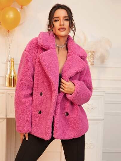 SHEIN Notched Collar Double Breasted Teddy Coat | SHEIN