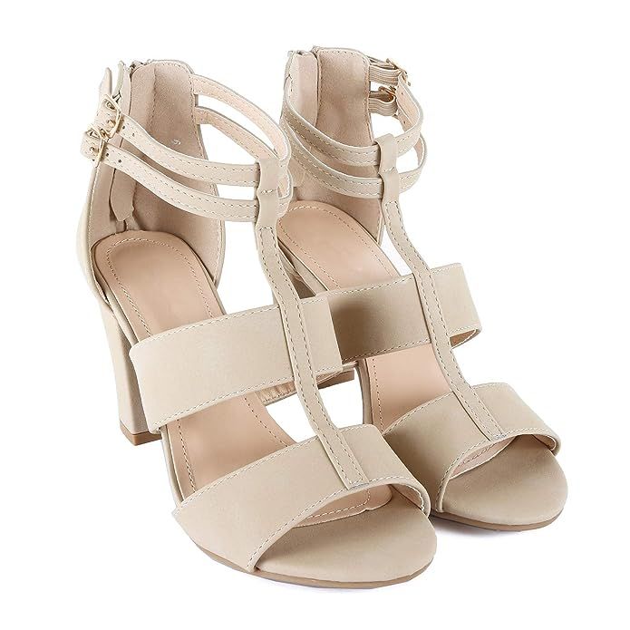 Womens Comfortable Strappy Chunky Block Ankle Strap Open Toe Heeled Sandals | Amazon (US)