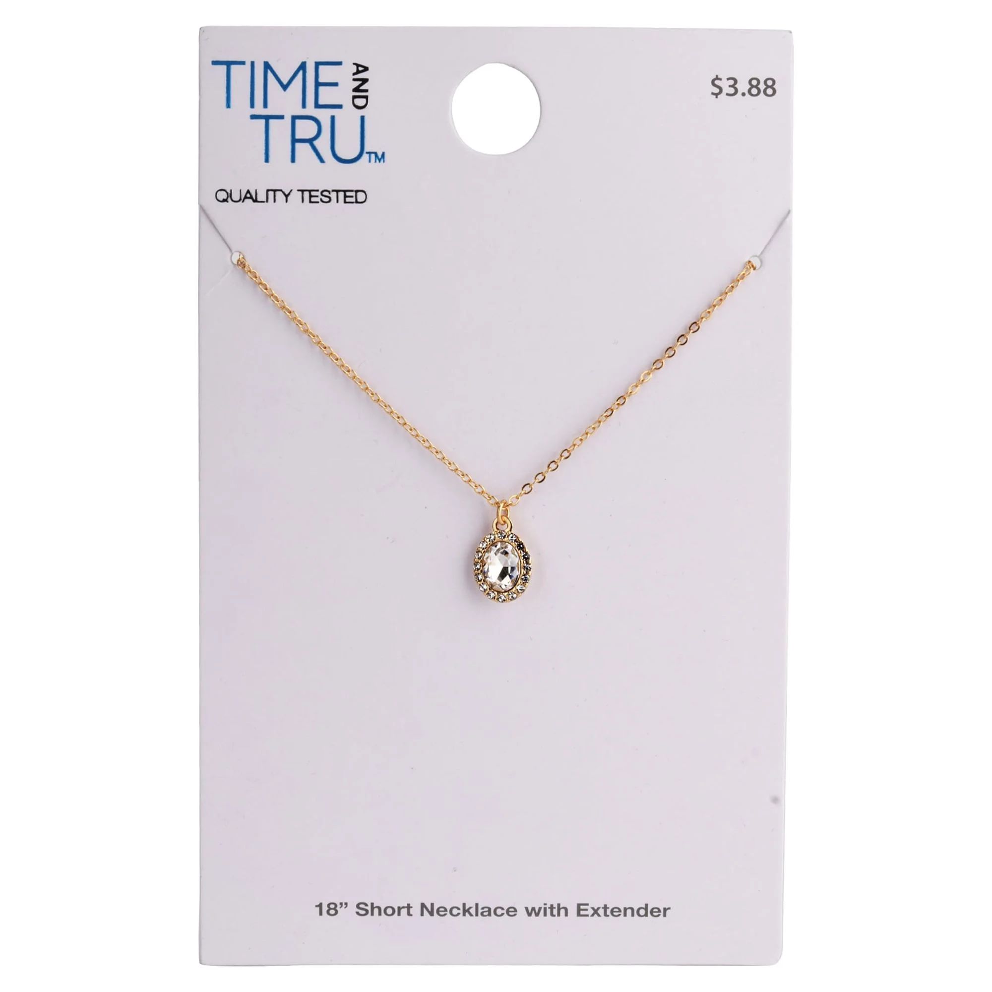 Time And Tru Women's Gold Tone Oval Halo Crystal Stone Delicate Pendant Necklace - Walmart.com | Walmart (US)