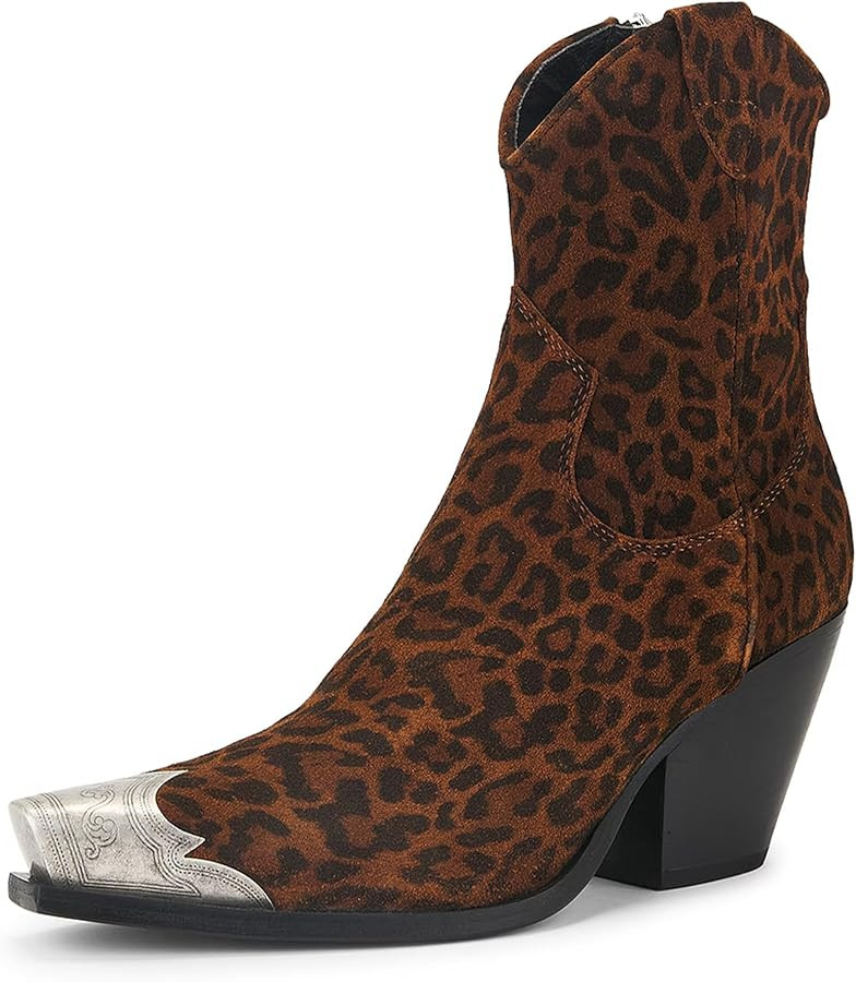 Cowboy Ankle Boots for Women Engraved Steel Toe Cowgirl Boots Stacked Block Heels Short Cowboy Bo... | Amazon (US)