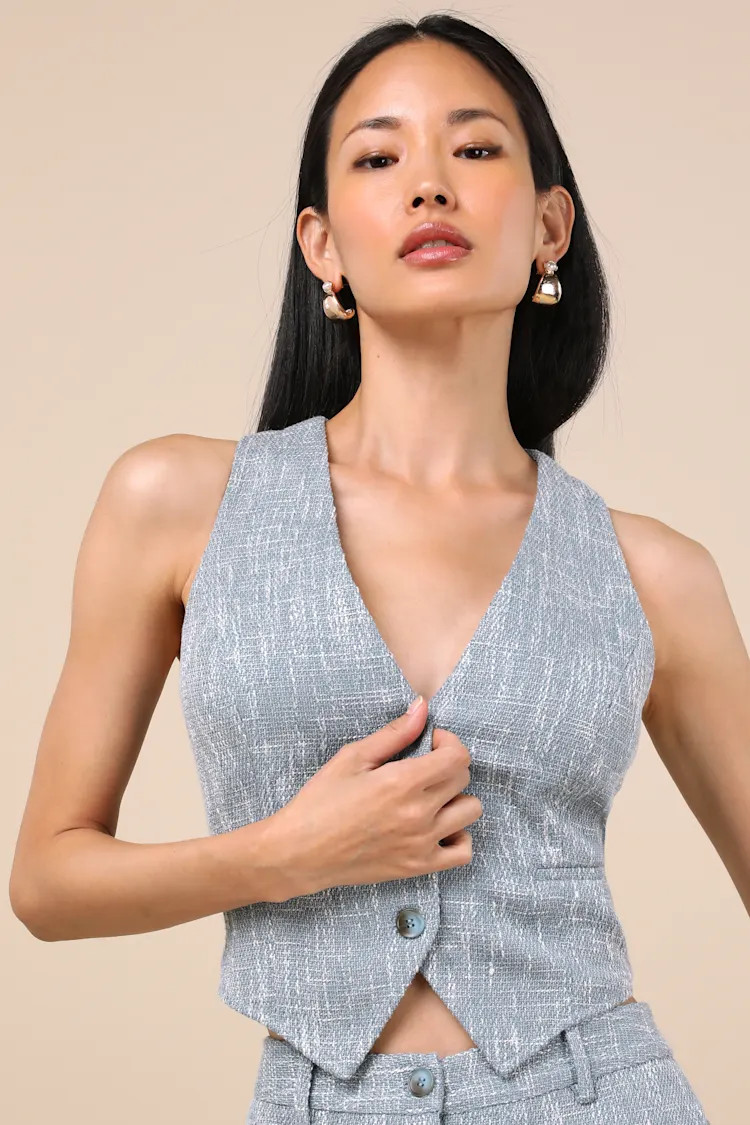 Alfonsa Light Blue Tweed Button-Front Vest Top | Lulus