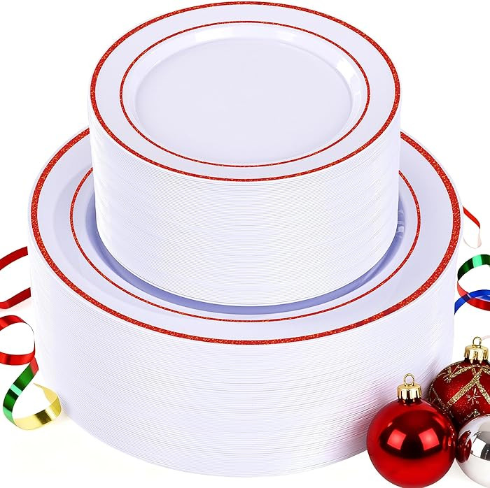 U-QE 100pcs Christmas Plates Disposable Heavy Duty - Glitter Red Plastic Plates for Party - White... | Amazon (US)