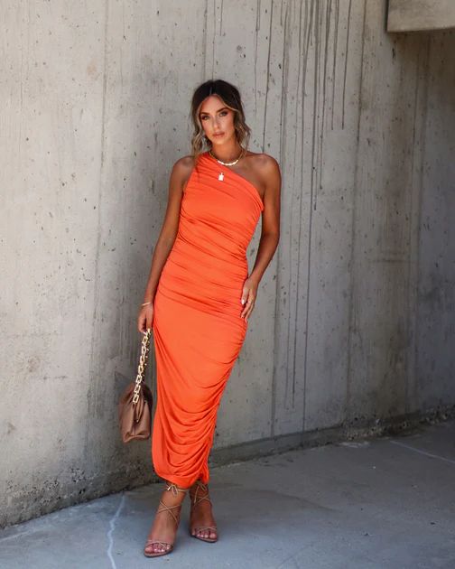 Ortega One Shoulder Ruched Midi Dress - Orange | VICI Collection