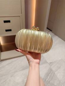 Moonlit Eve Bag: 1pc Glittering Pleated Mini Egg-Shaped Evening Clutch Bag With Elegant Metal Dou... | SHEIN