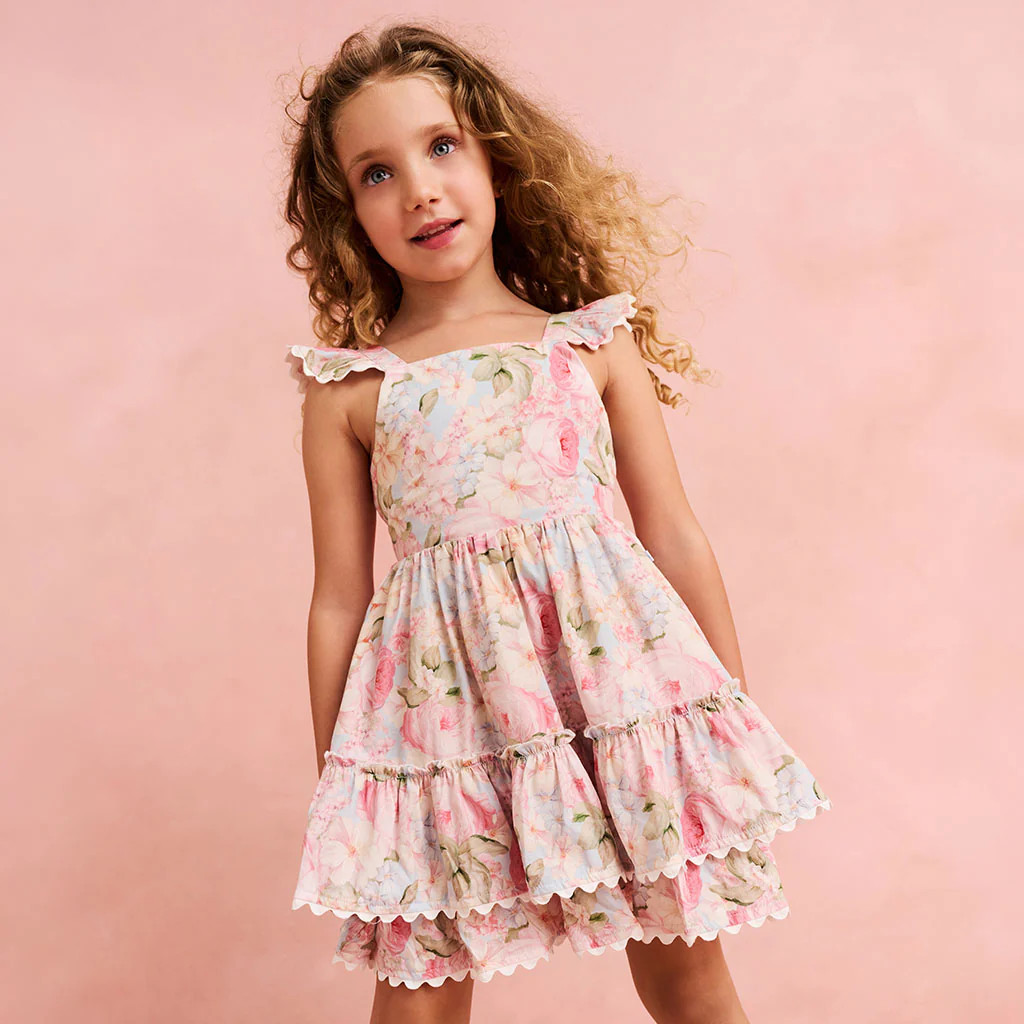 Floral Blue Ruffled Strap Rose Dreams Challis Tie Back Tiered Dress | Posh Peanut® | Posh Peanut
