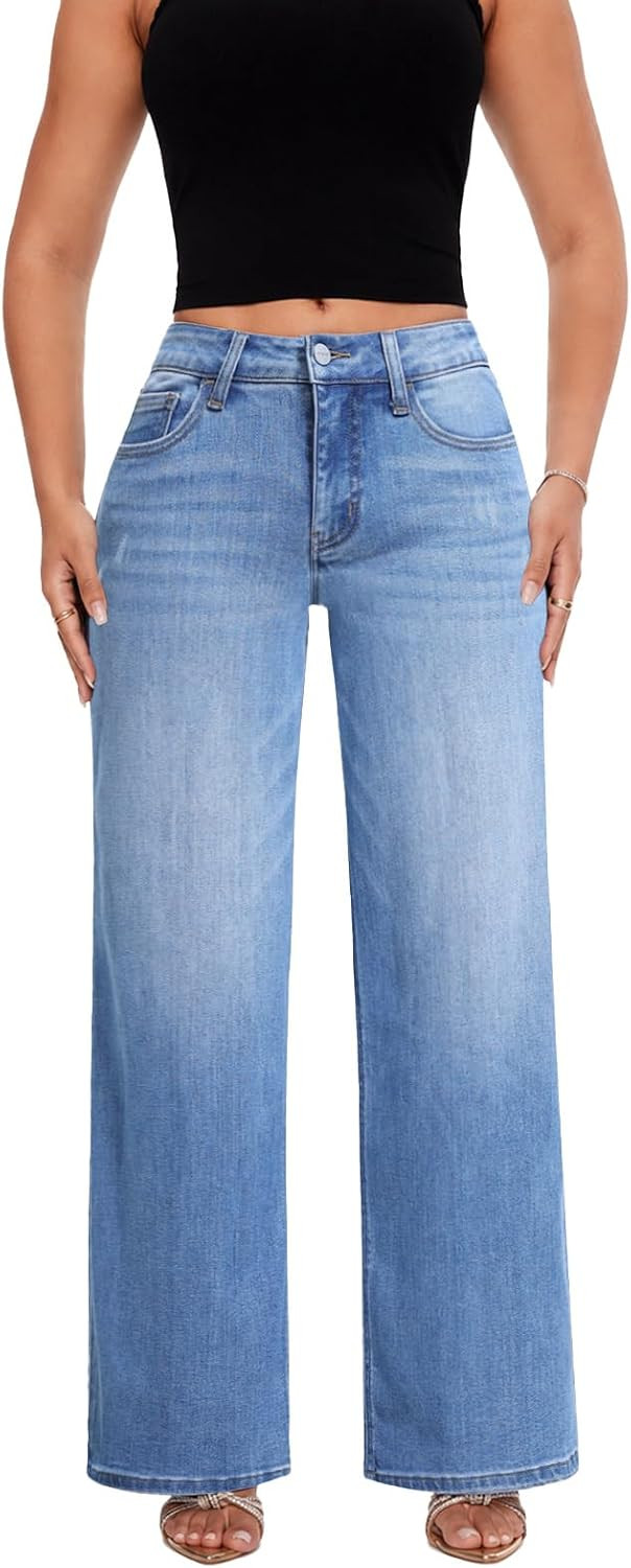 ONESO Wide Leg Jeans for Women Mid Low Rise Baggy Stretchy Denim Pants | Amazon (US)