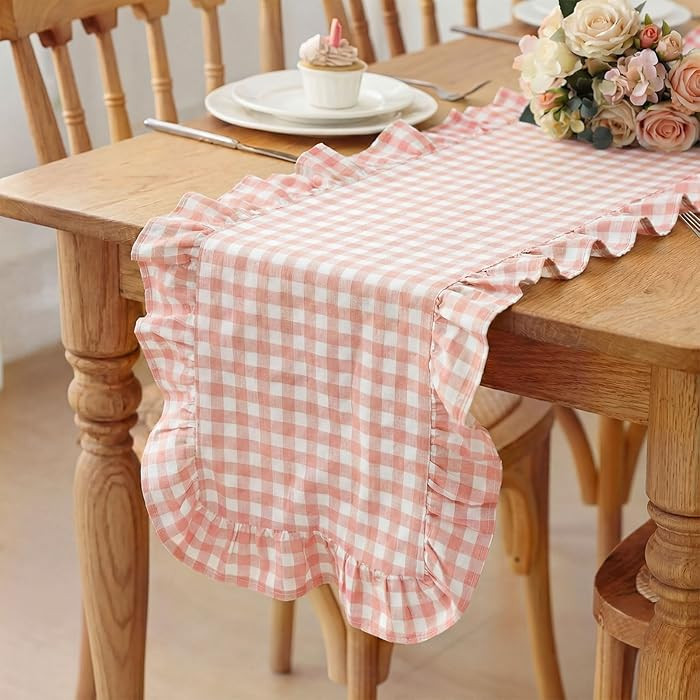 1 Pcs Light Pink Plaid Gingham Ruffle Table Runner 118 x 13.8'' Farmhouse Easter Table Runner 100... | Amazon (US)