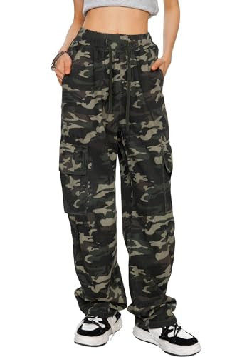 HVEPUO Camo Pants Women High Waisted Wide Leg Casual Y2K Camoflage Cargo Pants Baggy Elastic Waist Straight Jeans Trousers Green Camo M | Amazon (US)