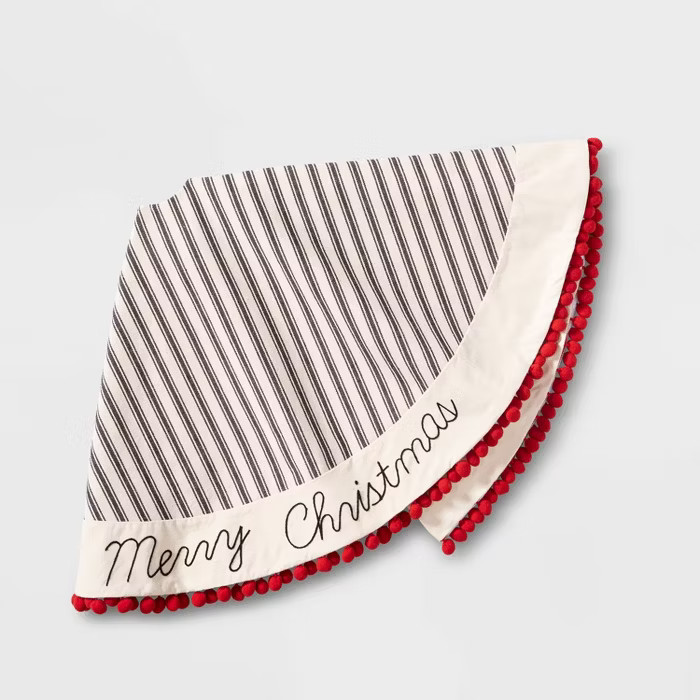 48in Striped Linen "Merry Christmas" Pom Pom Trim Tree Skirt Black/Natural - Wondershop&#... | Target
