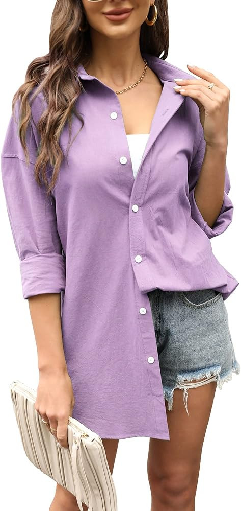 FaroDor Women's Oversized V Neck Button Down Shirts Loose Fit Long Sleeve Blouses Tops with Pocke... | Amazon (US)