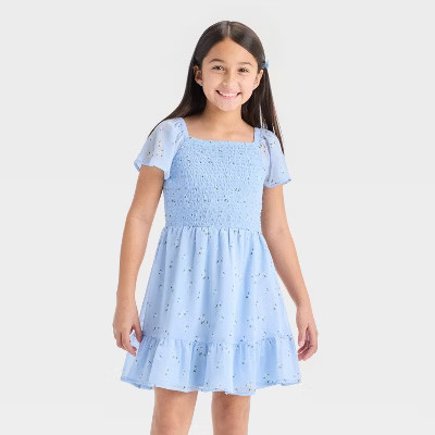 Girls' Short Sleeve 'Floral' Chiffon Dress - Cat & Jack™ Light Blue XXL Plus | Target