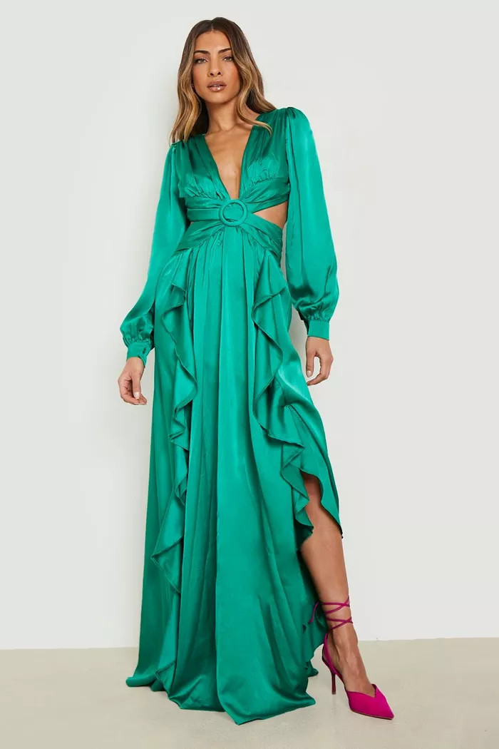 Satin Ruffle Plunge Maxi Dress | boohoo (US & Canada)