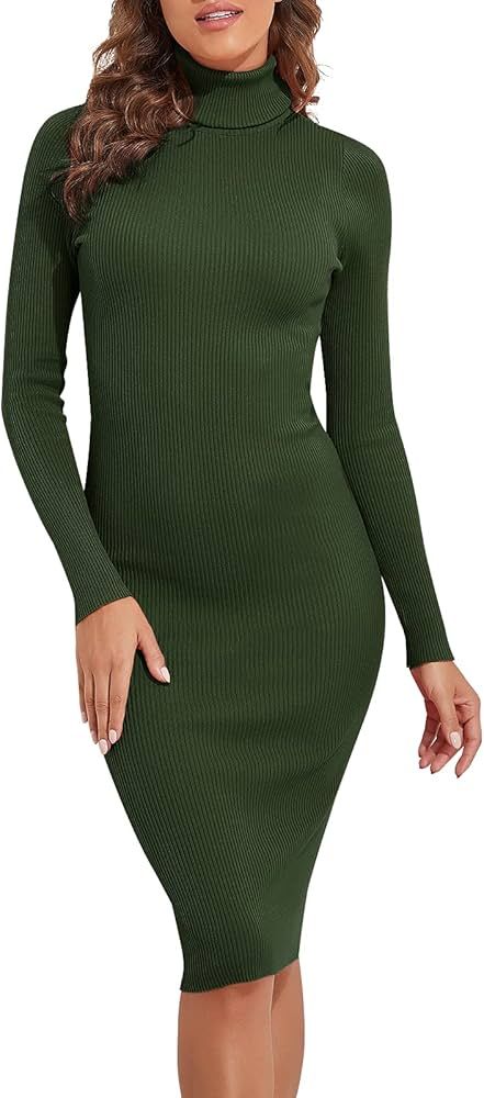 PrettyGuide Women's Turtleneck Sweater Dress Long Sleeve Ribbed Knit Stretch Midi Bodycon Dresses | Amazon (US)
