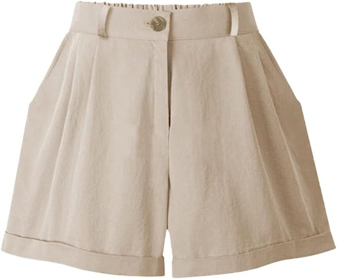 Summer Women's High Waist Elastic Loose Shorts Wide Leg Shorts Women's Casual Cotton Shorts | Amazon (US)