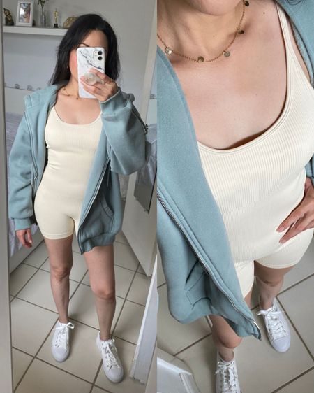 Ribbed romper: small // oversized sweater: small // white sneakers: 6 // coin necklace 

Casual outfit, street wear, bodysuit, yoga workout, Amazon finds 

#LTKActive #LTKShoeCrush #LTKFitness