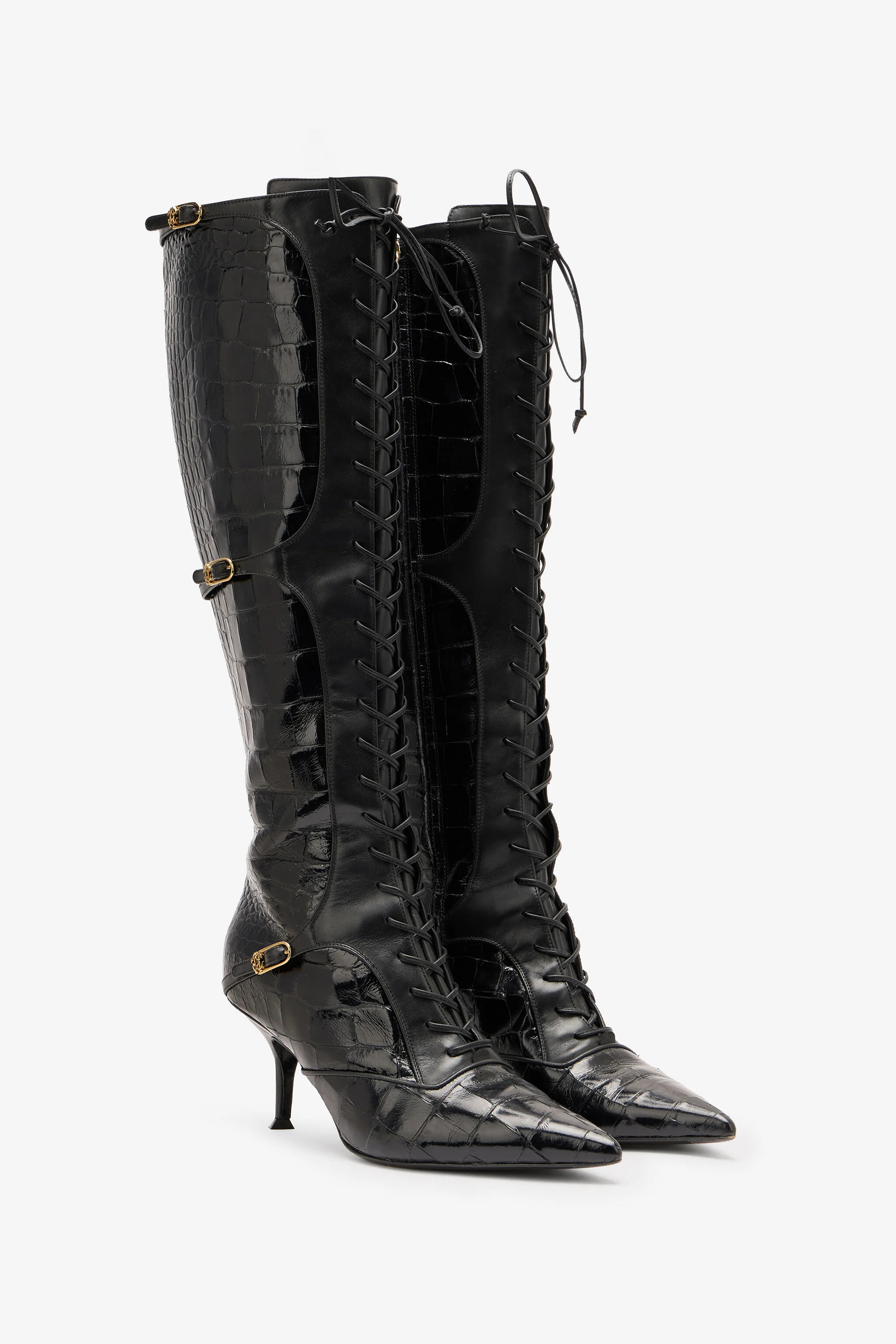 Pointed Lace-Up Boots With Crocodile Effect | Roberto Cavalli