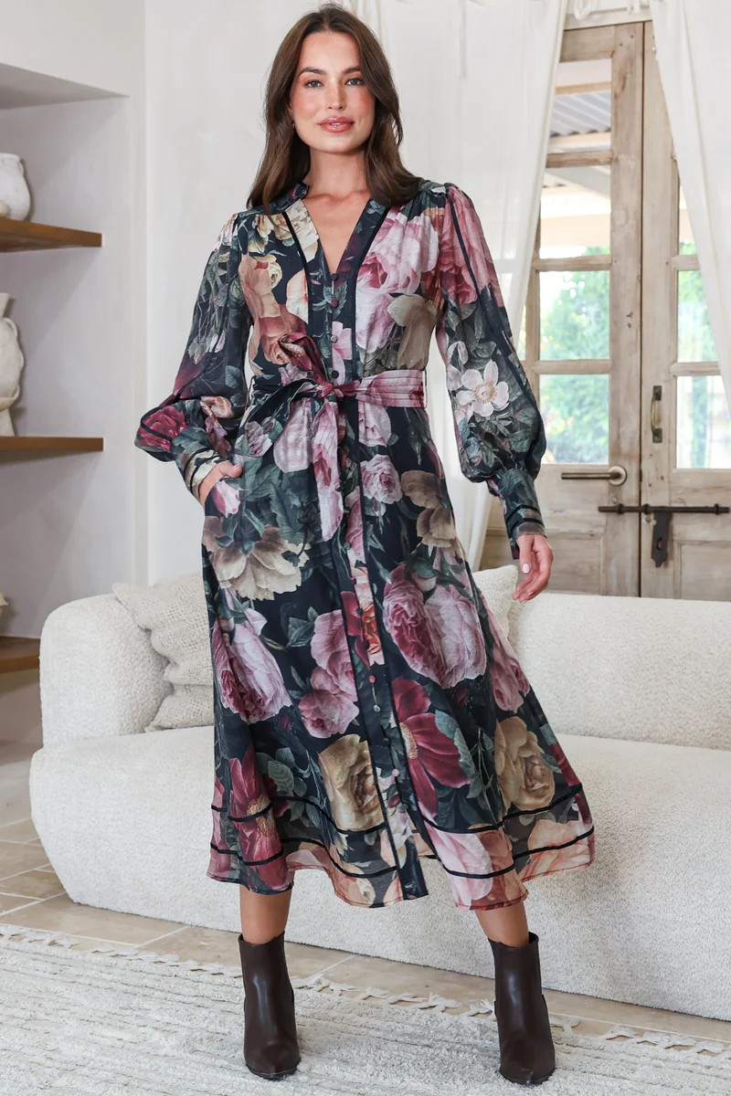 Langdon Midi Dress in Annalisa Print | Mandarin Collar Button Down Dress with Matching Belt | Sal... | Salty Crush
