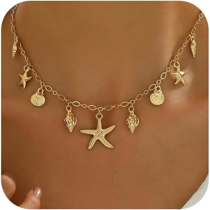 Shell Starfish Necklace for Women, 14k Gold Plated Boho Layered Beaded Charm Pendant Necklace, Da... | Amazon (US)