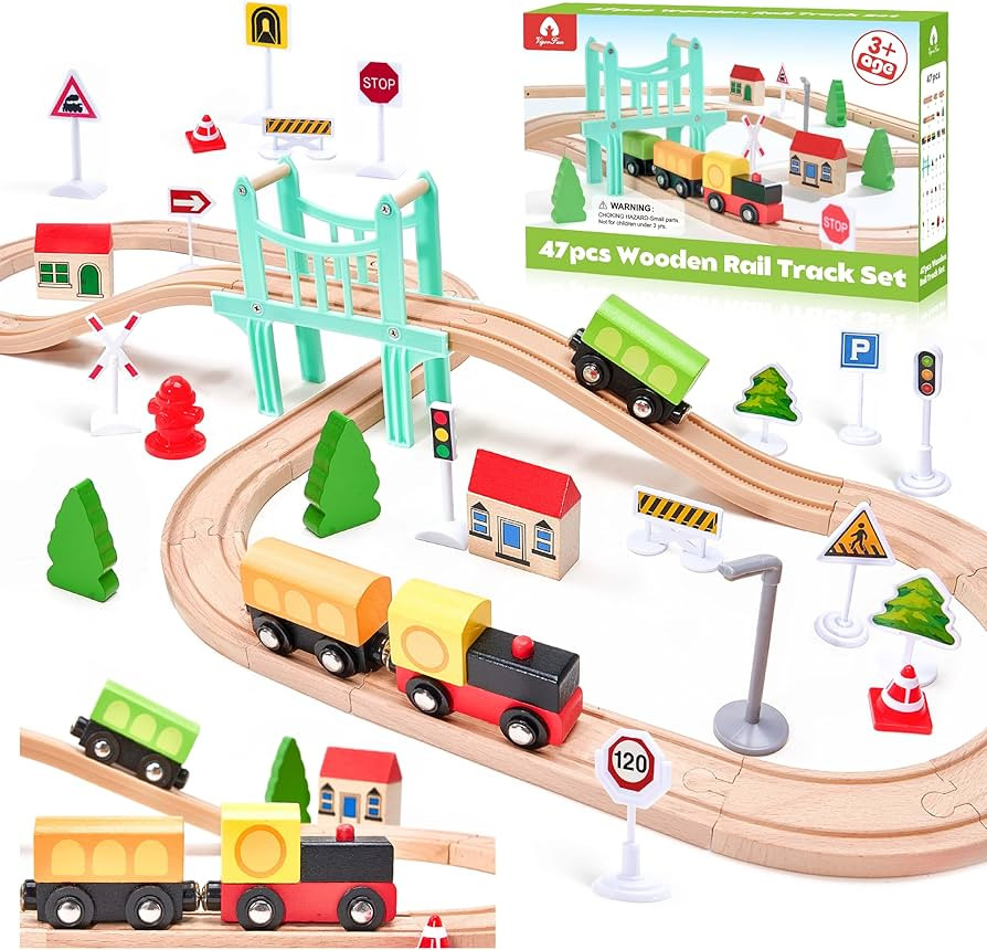 47Pcs Wooden Train Set for Toddlers, Wooden Train Track - Expandable and Changeable, Safe Educati... | Amazon (US)