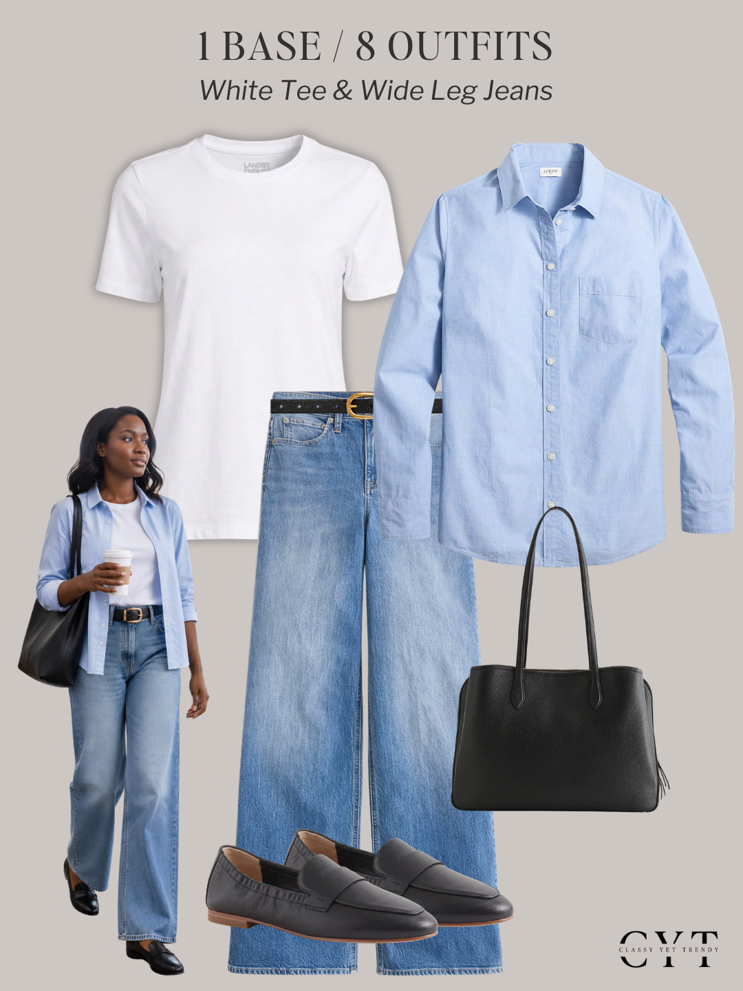 1 Base, 8 Outfits 🎉 8 ways to wear two classic and timeless wardrobe staples: a white tee and wide leg jeans ✔️ Mix and match layers, shoes and accessories to create different looks.  All clothes, shoes and accessories are in the French Minimalist Fall 2026 Capsule Wardrobe, plus a leopard pattern cardigan and a blue button-down shirt. 🍂

how to style, outfit ideas, elevated outfit, wardrobe essentials, cardigan, jacket, blazer, leopard cardigan, ballet flats, trench coat, sweater, pumps, loafers

#trenchcoat #blazerstyle #balletflats #autumnstyle #waystowear  

 