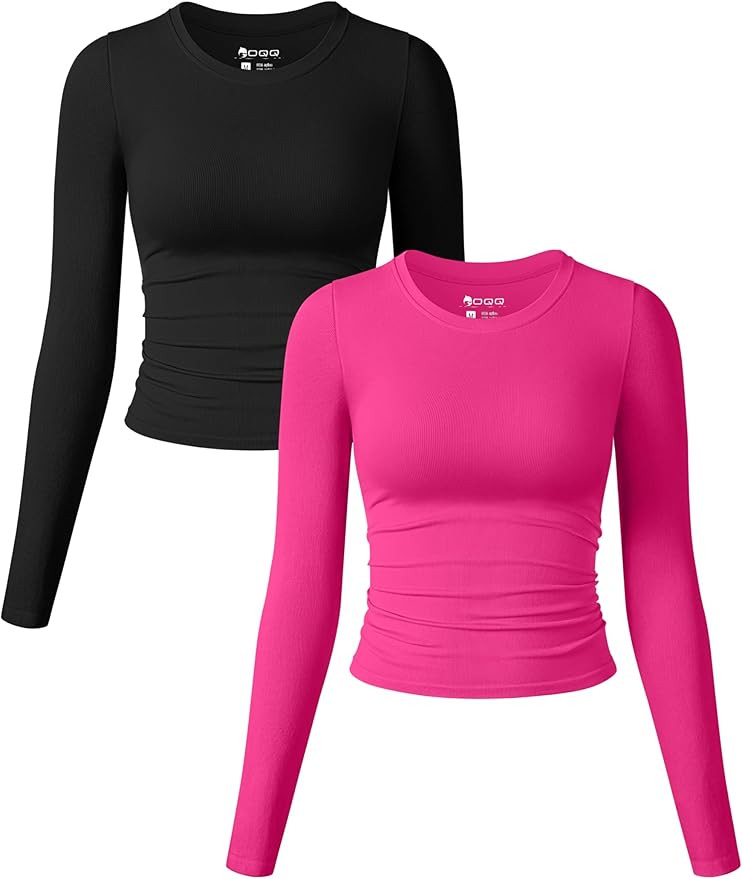 OQQ Womens 2 Piece Shirts Long Sleeve Crew Neck Ruched Stretch Basic Fitted Tee Shirts Tops | Amazon (US)