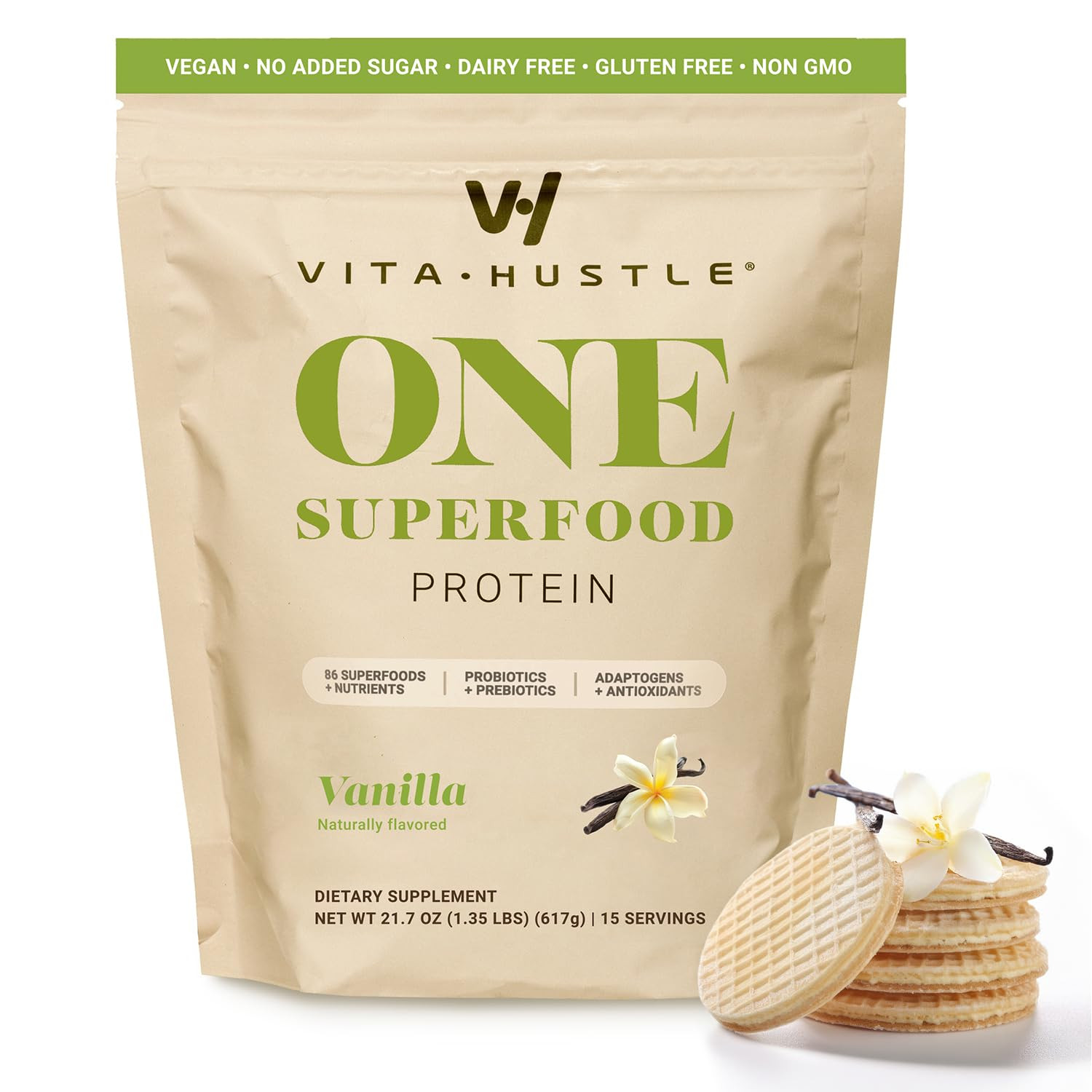 VitaHustle ONE Meal Replacement Shake - Plant Based Protein Powder by Kevin Hart - Vegan, Meal Replacement Powder with Superfoods, Vitamins, Adaptogens & Probiotics -Vanilla Flavor, 15 Servings | Amazon (US)