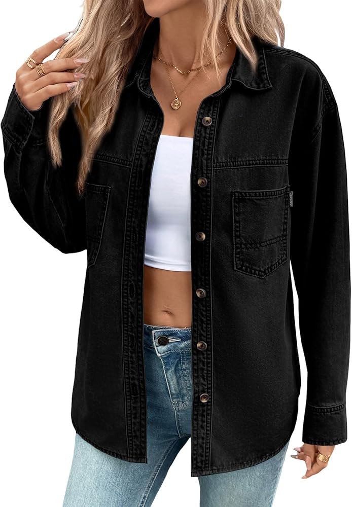 Sidefeel Women Denim Shirts Oversized Long Sleeve Button Down Blouse V Neck Casual Top Shackets | Amazon (US)