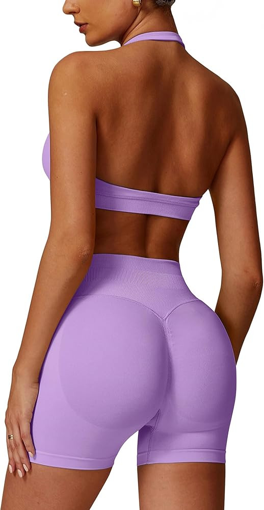 ABOCIW Workout Sets for Women 2 Piece seamless Halter Sports Bra Scrunch Butt Impact Shorts Gym Y... | Amazon (US)