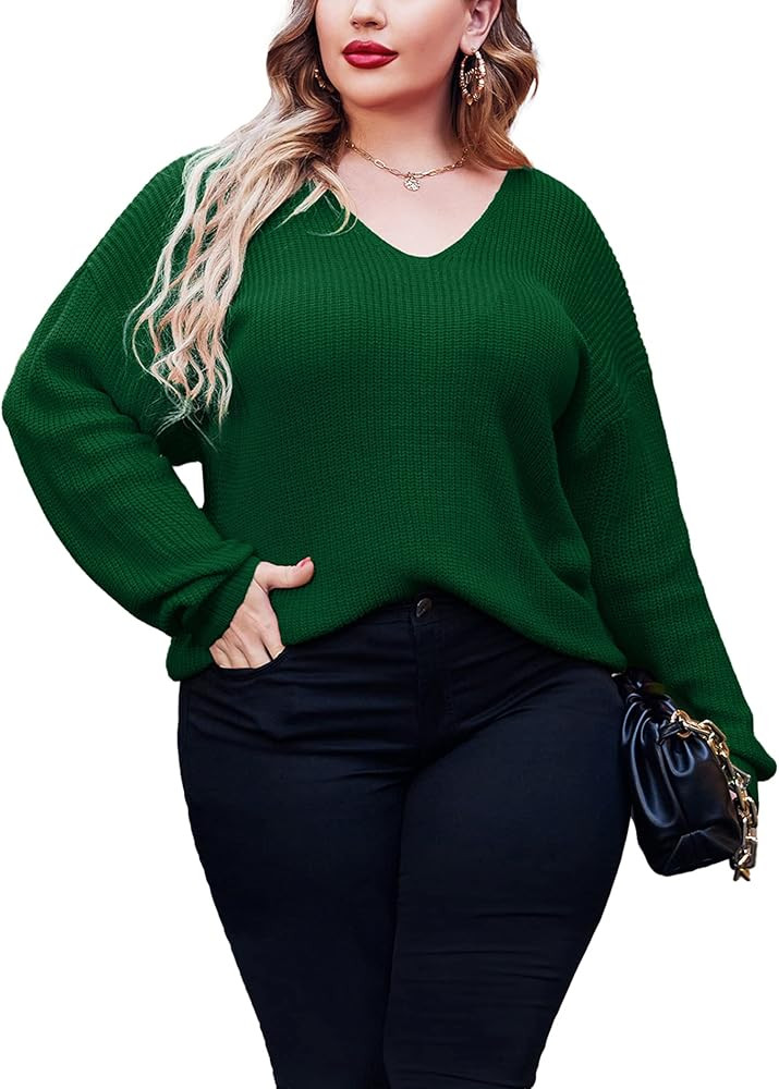 in’VOLAND Women’s Plus Size Sweaters Deep V Neck Pullover Knit Jumper Tops Backless Loose Cas... | Amazon (US)