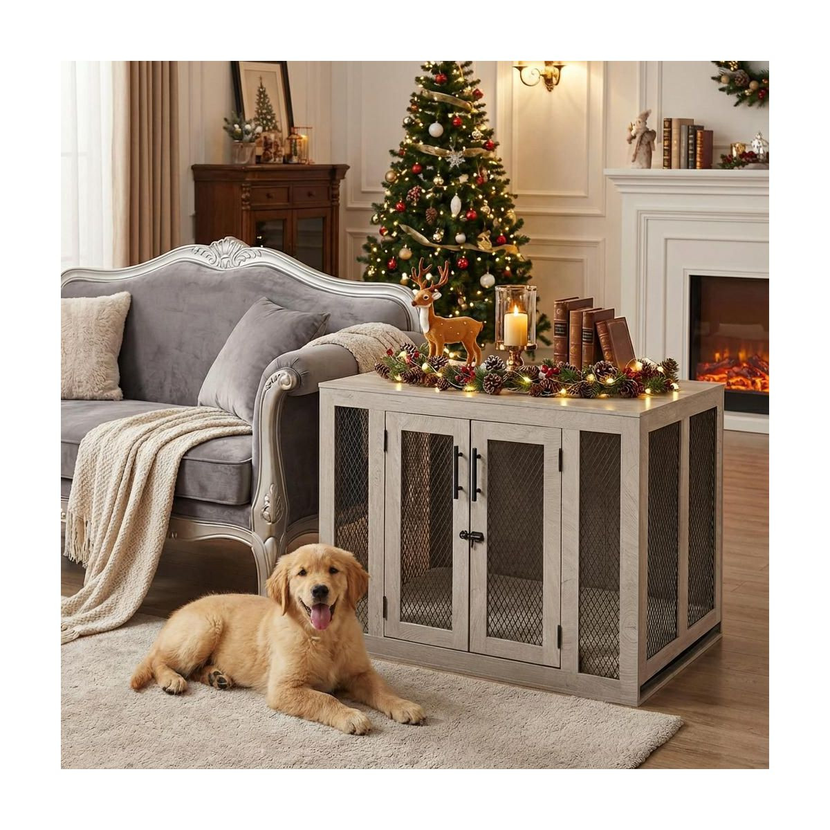 unipaws Wooden Dog Crate with Cushion & Tray, Weathered Gray, 37"L x 23.7"W x 26.2"H | Target