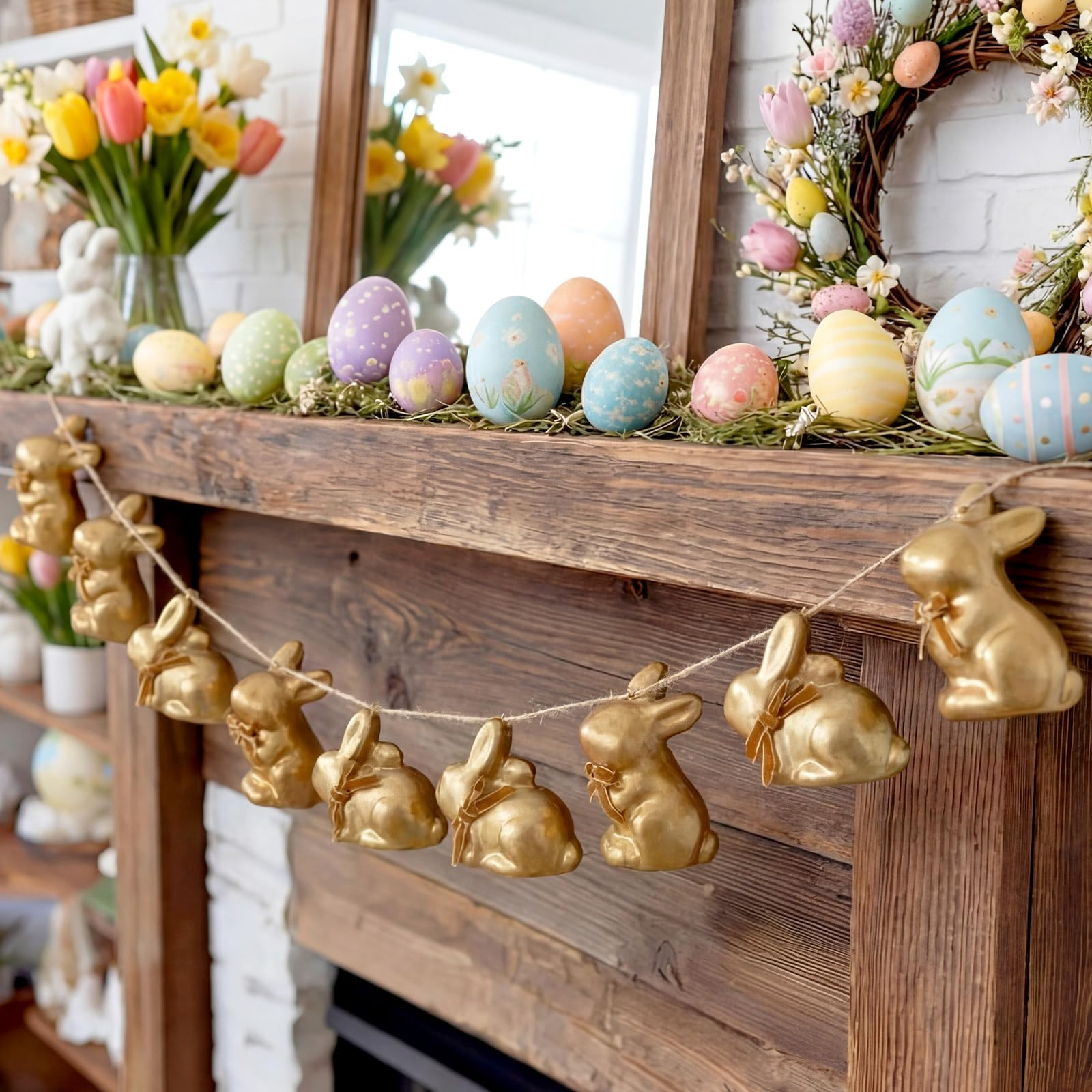 8.2 ft Rustic Gold Foam Easter Garlands Bunny with Bow Easter Decor Farmhouse Spring Banner Hangi... | Amazon (US)