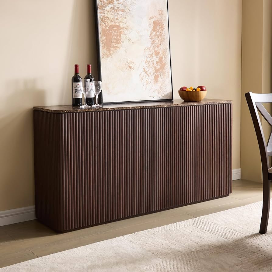 Fluted 4 Doors Sideboard Cabinet with Storage, 64" Wooden Credenza with Shelves, Faux Marble-Top ... | Amazon (US)