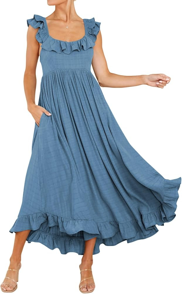 R.Vivimos Summer Dress for Women Sleeveless Boho Ruffle Square Neck Tie Back Casual Backless Flow... | Amazon (US)